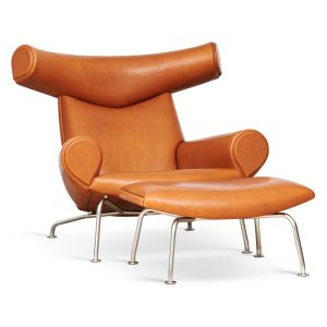 Hans J. Wegner Ox Chair EJ100 med skammel (flere lædertyper)