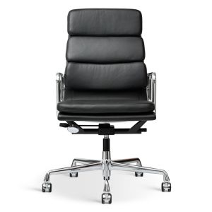 Charles Eames Ea-219 kontorstol Standard sort semi anilin m/låsbar vippe-mekanisme samt Justerbar højde og renoveret stel